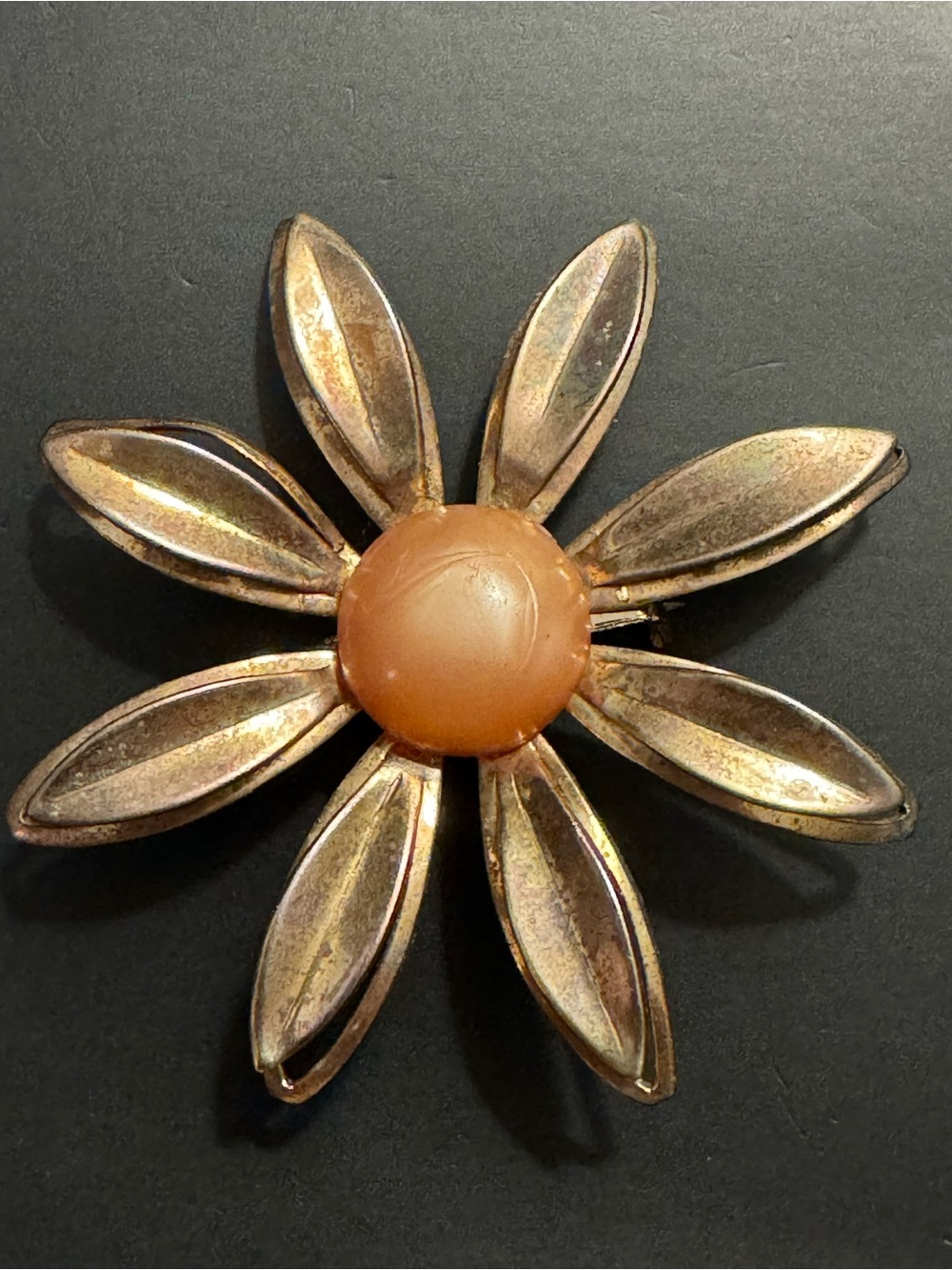 Vintage Copper Flower Brooch - Amber Tone Cabochon - C-Clasp 2”
